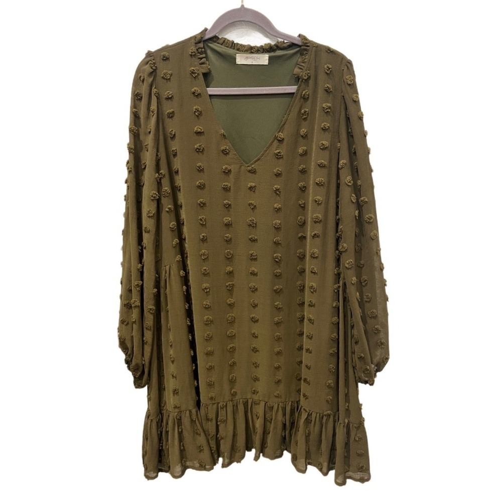 A Beautiful Soul Olive Green Swiss Dot Ruffle Mini Dress Long Sleeve V-Neck 2X